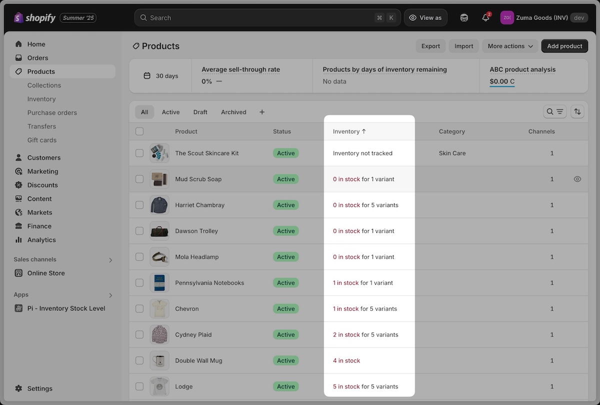Shopify admin products list showing mix of tracked and untracked inventory