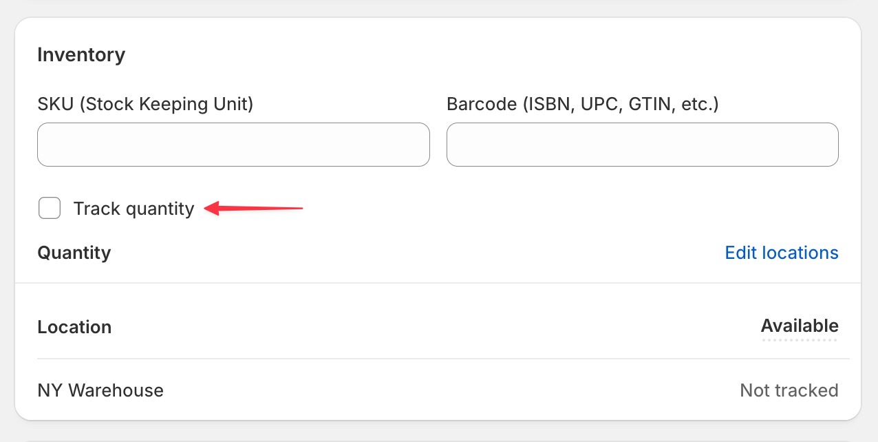 Product inventory settings showing 'Track quantity' checkbox unchecked
