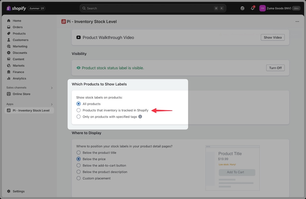 New targeting option to show labels only on tracked products